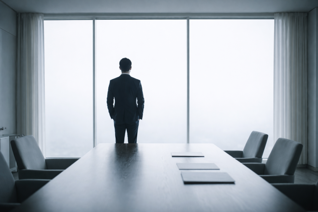 Director ejecutivo frente a ventana de sala de dirección, tomando decisiones estratégicas antes de integrar inteligencia artificial para PyMEs