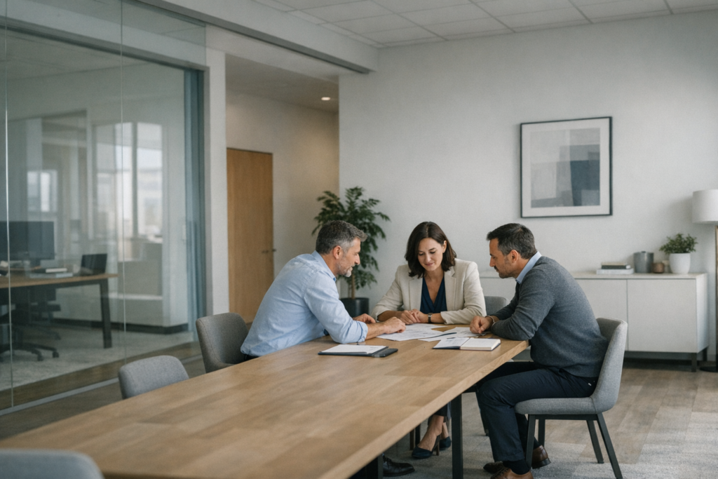 Equipo directivo de PyME analizando documentos estratégicos antes de integrar inteligencia artificial correctamente