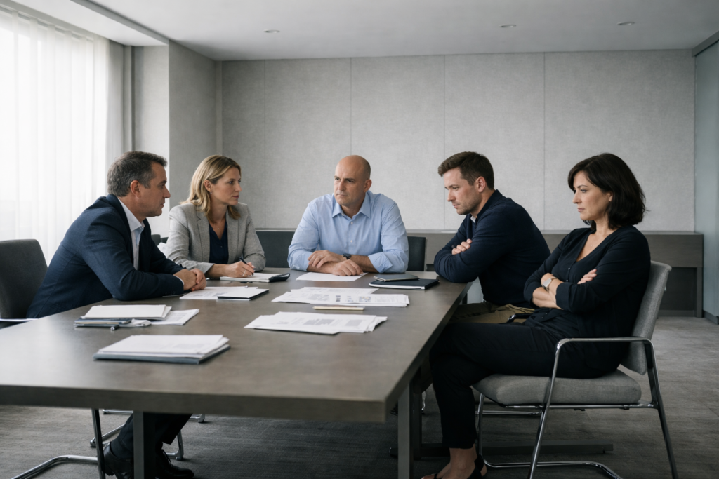 Equipo organizacional en reunión con lenguaje corporal mixto, ilustrando la resistencia humana en procesos de integración de inteligencia artificial en empresas