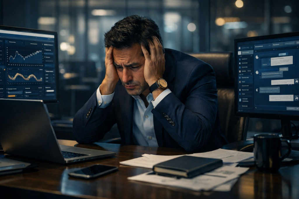 Directivo de PyME agobiado frente a múltiples pantallas con herramientas de IA, ilustrando el aumento de carga laboral por falta de diagnóstico organizacional